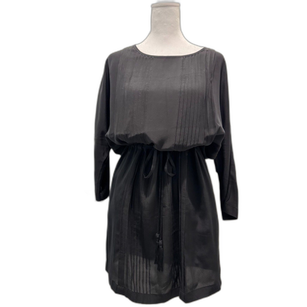 Greylin black long-sleeve mini dress, drawstring tassel waist